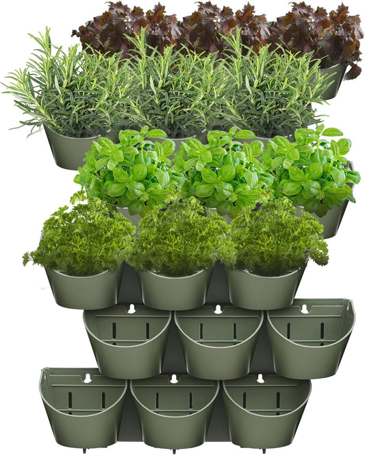 Worth Garden Upgraded 6 Sets (18 Pockets) Self Watering Stackable Vertical Planters - Wall Mounted Plastic Plant Grow Pots for Strawberries Flowers Herbs - Indoor Outdoor Green Wall Decoration (Green)