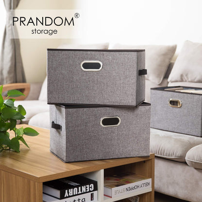 PRANDOM Larger Collapsible Storage Bins for Closet [5-pack] Decorative Linen Fabric Storage Baskets Cubes with Leather/Metal Handles for Living Room Grey (17.3x12.2x10.4 Inch)