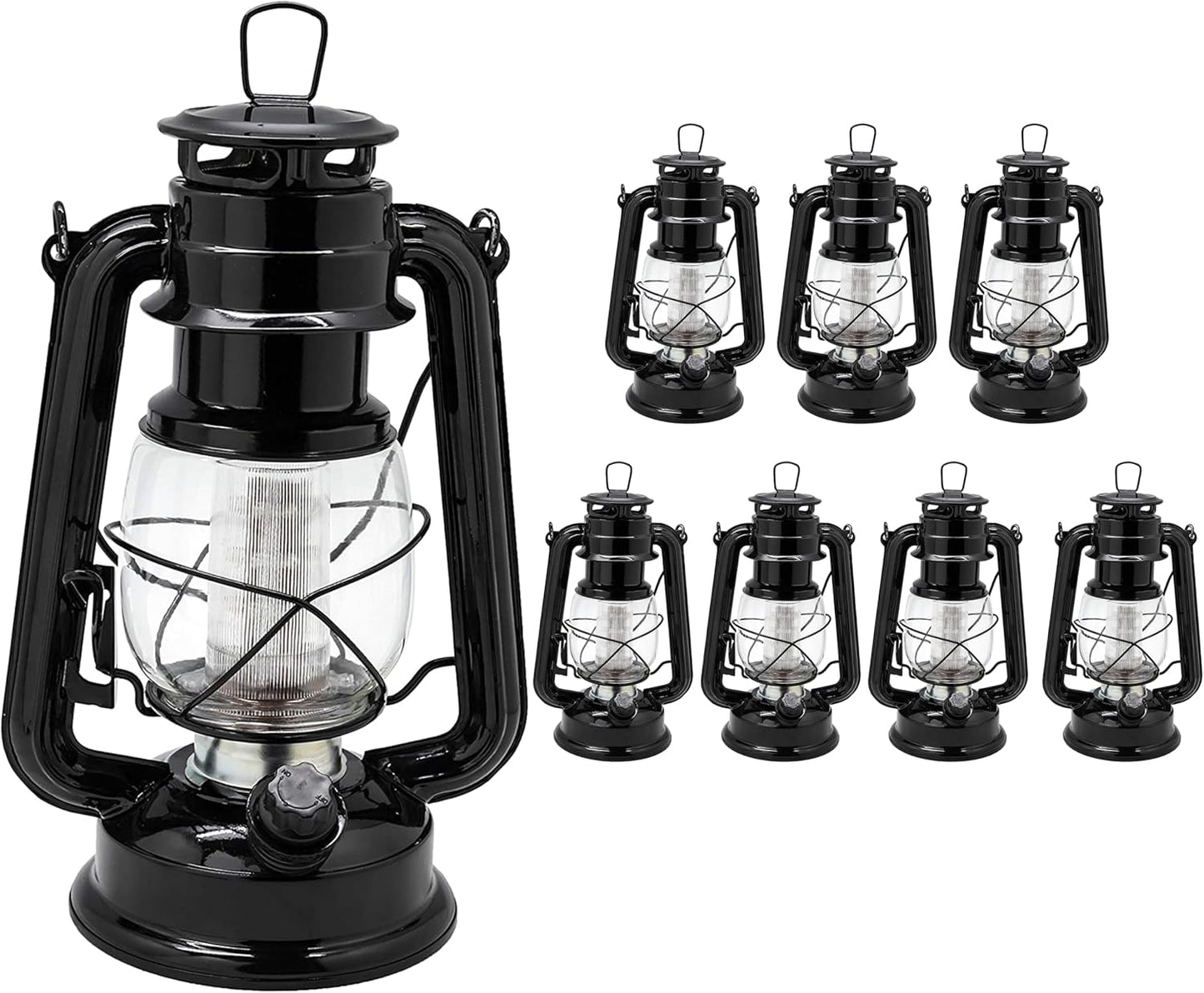 YAKii LED Vintage Lantern Metal Hanging Hurricane Lantern 12 LED Dimmer Switch Cold White Battery Operated Power Outage Indoor Camping Lighting Outdoor Brooklyn Decoration (Black Pack of 8)