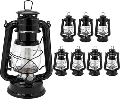 YAKii LED Vintage Lantern Metal Hanging Hurricane Lantern 12 LED Dimmer Switch Cold White Battery Operated Power Outage Indoor Camping Lighting Outdoor Brooklyn Decoration (Black Pack of 8)