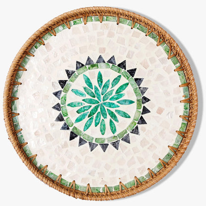 Round Rattan Tray with Mother of Pearl Inlay & Wooden Base - Decorative Wicker Serving Tray for Coffee/Bread/Fruits, Food Storage & Display - Multipurpose Home Decor (L,Bohemia)