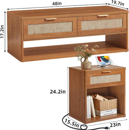 LEYAOYAO Boho Rattan Coffee Table Sets 2 Pieces, Nightstand with Charging Station and Coffee Table with Hidden Storage Compartment, Brown Living Room Table Set, Wood Furniture Sets for Home Office