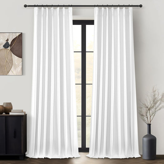 Bright White Pinch Pleated Blackout Curtains 90 Inches Long for Bedroom, Neutral Thick Linen Blend Room Darkening Patio Door Curtain Hook Ring Thermal Privacy Windows Drapes 40"W x 90"L x 2 Panels Set