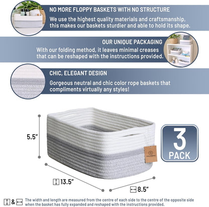 NaturalCozy 13.5”x8.5”x5.5” Storage Baskets for Shelves 3 Pack | Cotton Rope Woven Small Baskets for Organizing | Small Storage Bins for Nursery, Bathroom, Closet, Cube Shelf, Decorative, Gift