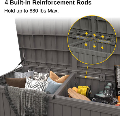 EAST OAK Outdoor Storage Box, 150 Gallon Deck Box, Large Resin Storage Bin for Patio Cushions, Gardening Tools, Lockable, Waterproof and UV Resistant, Grey
