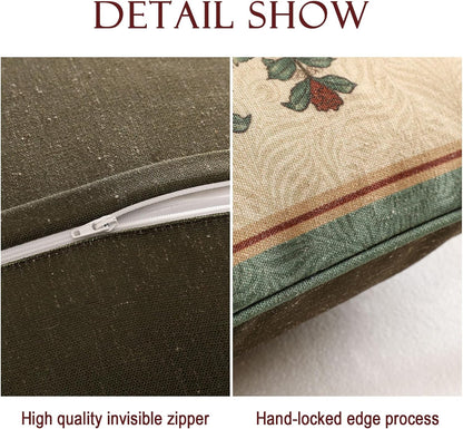 patdrea Designer Throw Pillow Covers Set of 4,French Elegant Green Linen with Rose Collection Pattern Pillow Covers,Decorative Lumbar Square Round Pillowcases Cushion for Bed Living Room Outdoor