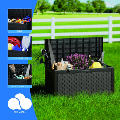 100 Gallon Double-Wall Resin Deck Box - Lockable Waterproof Outdoor Storage Box, 1000lbs Capacity & Doubles as Seating for Patio Furniture - Garden Tools, Pool Accessories (Black)