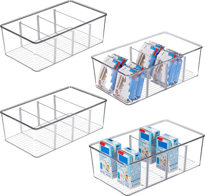 Vtopmart 4 Pack Food Storage Organizer Bins, Clear Plastic Bins for Pantry, Kitchen, Fridge, Cabinet Organization and Storage, 4 Compartment Holder Packets, Snacks, Pouches, Spice Packets