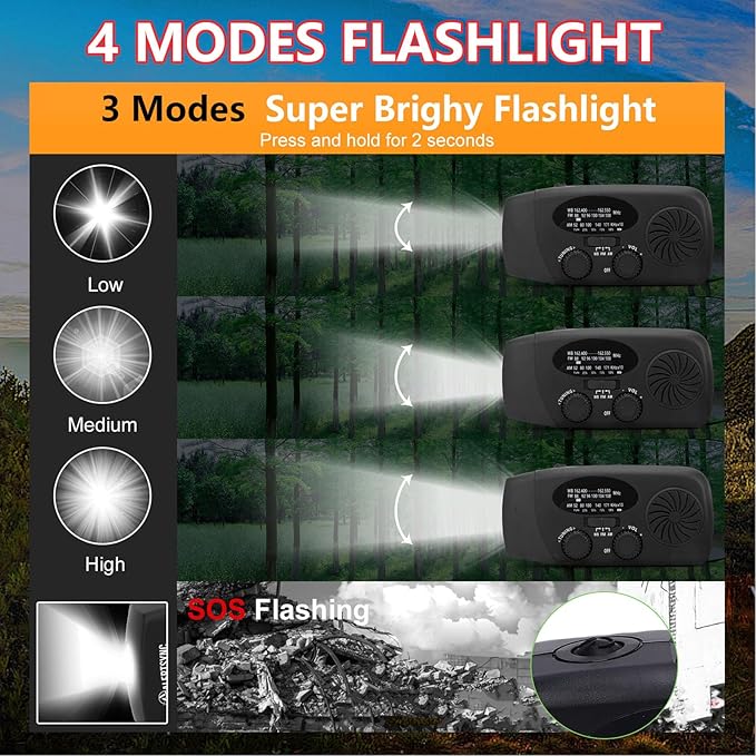 Solar Hand Crank Radio, 6000mAh Portable Emergency FM AM WB Weather Radio with LED Flashlight for Home Outdoor (Black)