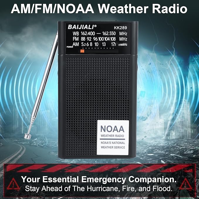 BAIJIALI NOAA Weather Radio with AM/FM, Emergency Portable Radio - Strong Reception, Battery Operated, Headphone Jack for Storms, Hurricanes and Outdoor Activities (Black)
