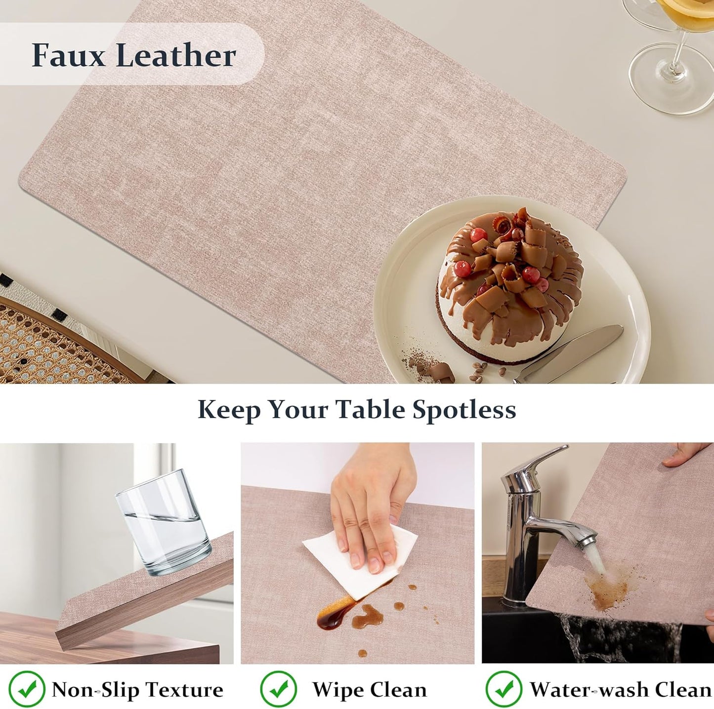 FROMHEART Faux Leather Placemats Set of 6–Waterproof,Heat/Oil Stain-Resistant PU Table Mat–Reversible,Non-Slip,Easy to Clean Place Mats for Kitchen,Dining,Indoor/Outdoor,(Pink,11.8" x 17")