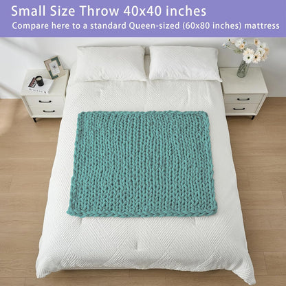 Bigacogo Chunky Knit Throw Blanket for Couch, 40x40 inches, 100% Hand Knitted with Thick Jumbo Chenille Yarn, Cozy Soft Large Rope Knot Cable Crochet Blankets for Sofa Bed Living Room, Light Teal