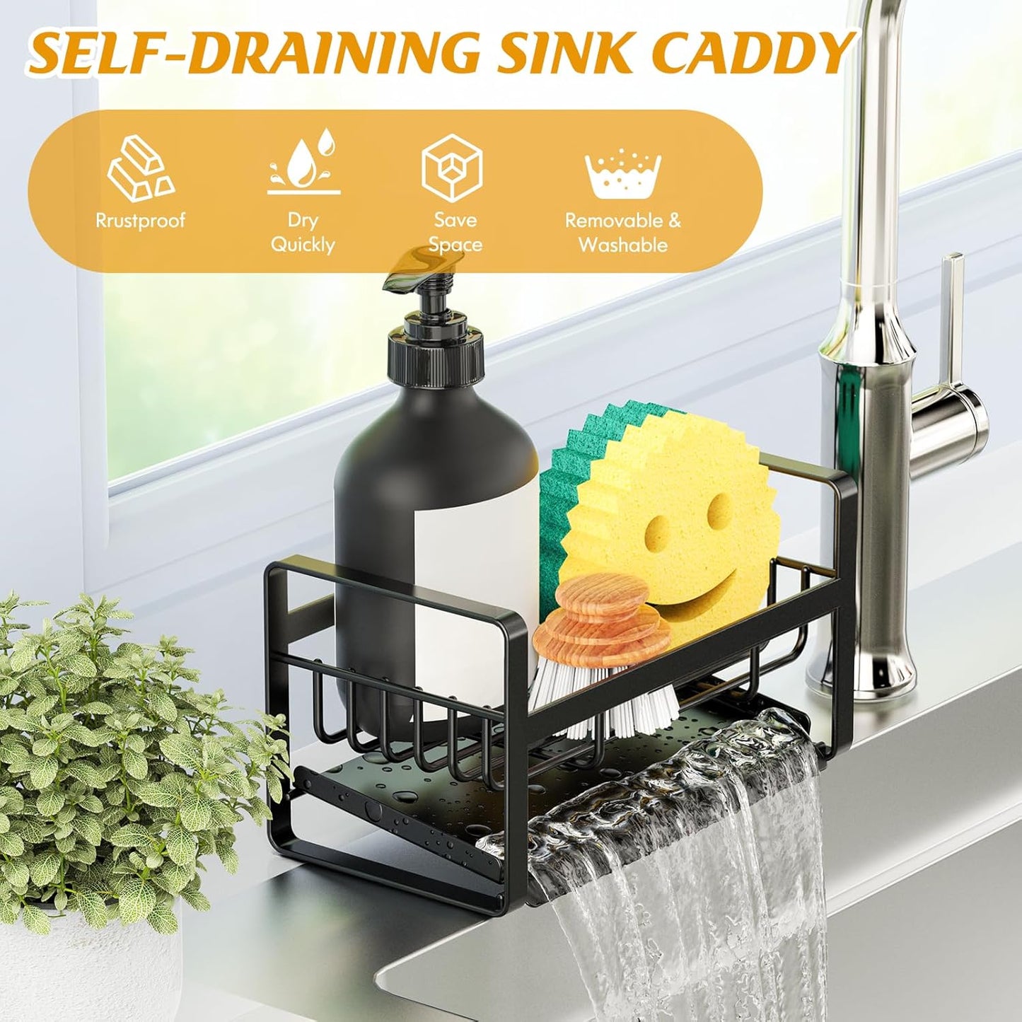 Sponge Holder for Kitchen Sink,Stainless Steel Kitchen Sink Organizer with Auto Draining Tray,Kitchen Countertop Soap Dispenser Organizer,Black