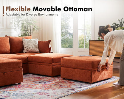 134.6" Oversized Modular Sectional Sofa, 6 Seater U Shaped Couch with Storage Ottoman with Reversible Chaise Deep Seat for Living Room, Apartment - Chenille Terracotta Orange