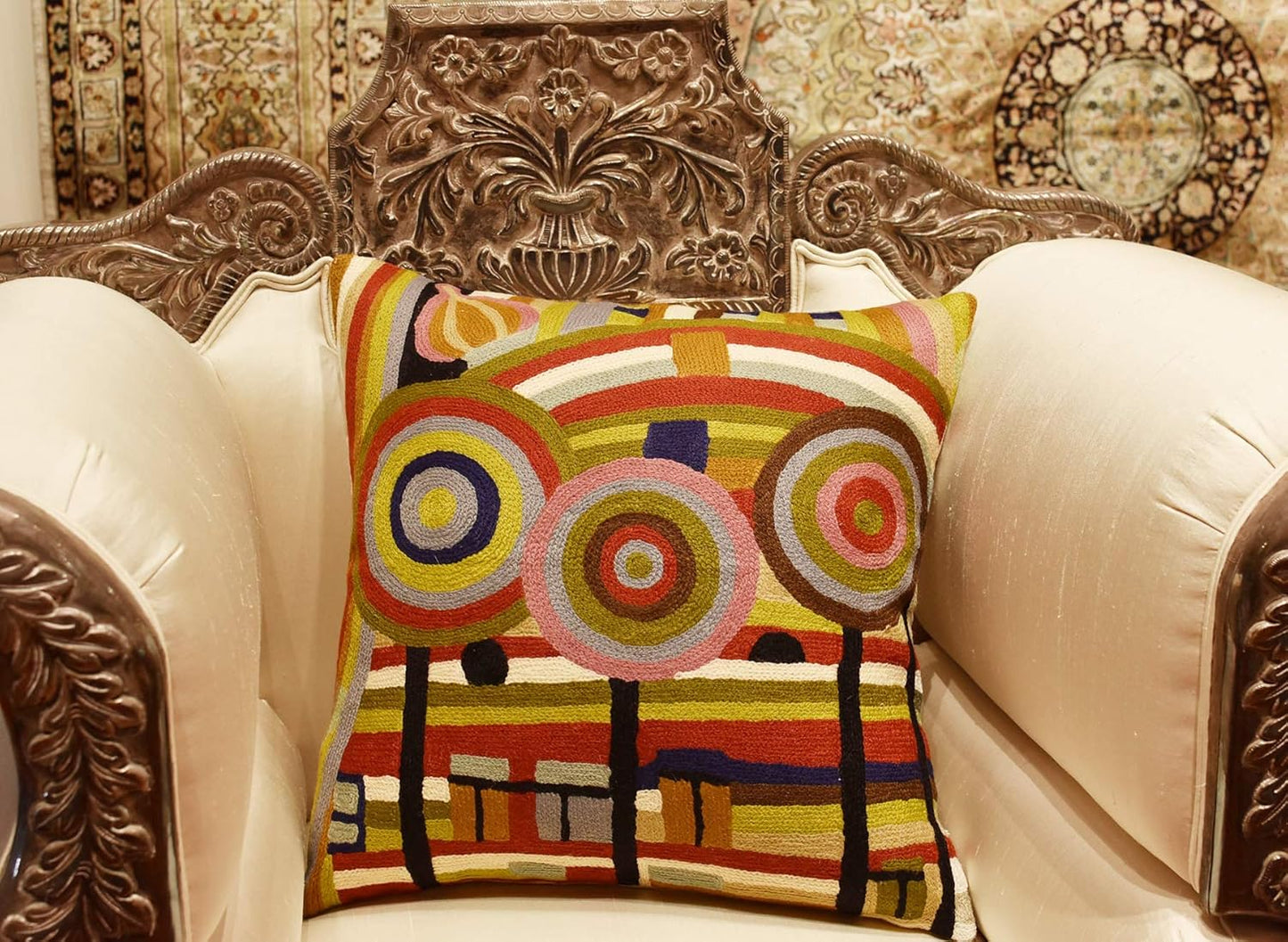 Hundertwasser Modern Pillow Cover Beloved Gardens Accent Outdoor Pillows Art Deco Couch Cushion Farmhouse Chair Cushions Hand Embroidered Wool Size 18x18