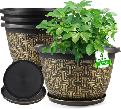 4 Pack 12 Inch Plant Pots,Large-Plant-Flower-Planters-Plastic, Flower Pots Outdoor Indoor with Drainage Holes & Trays, Retro Antique Imitation Decorative Garden Sets for Houseplants