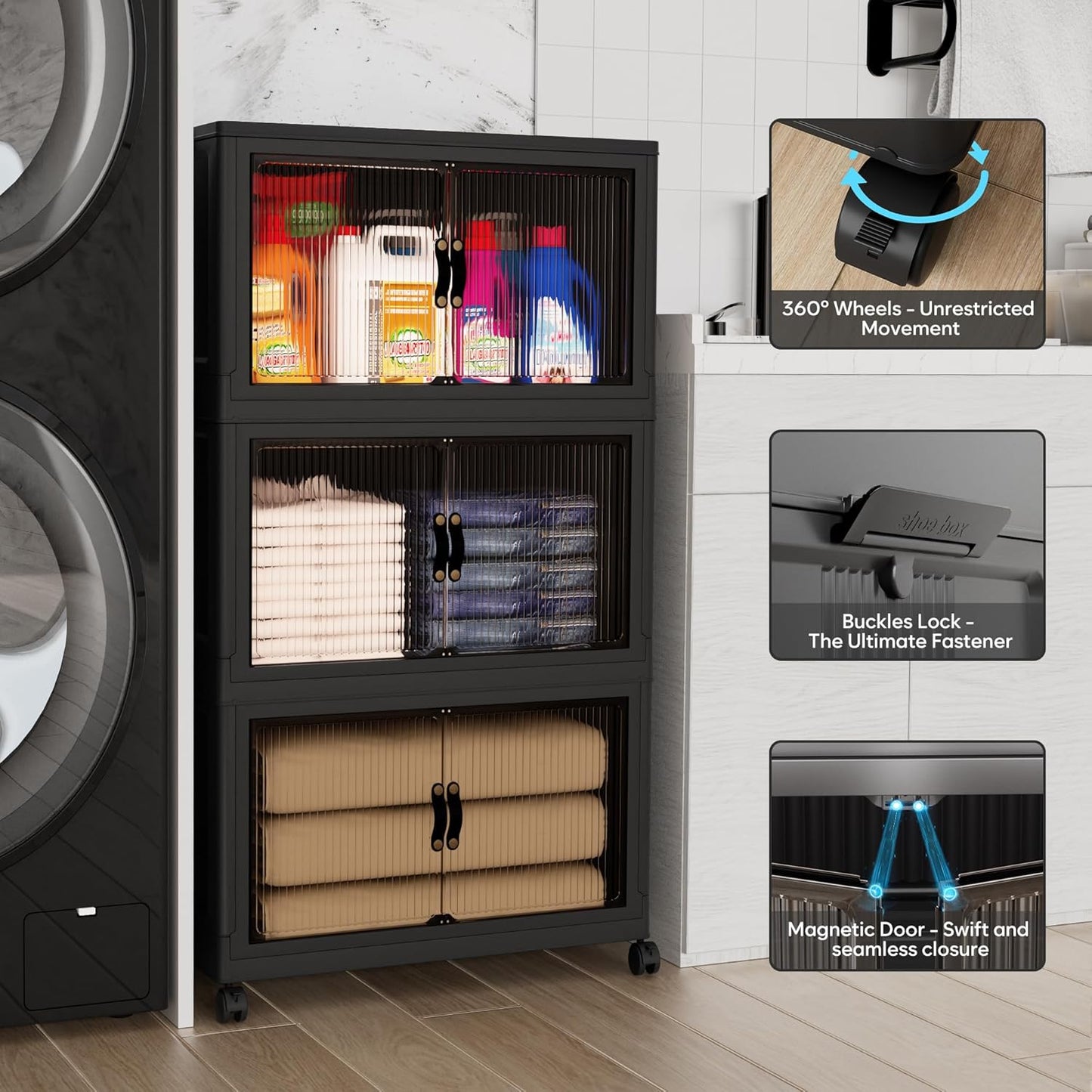 Jalove 50QT Plastic Storage Bins with lids, Stackable Collapsible Storage Containers with Wheels, Closet Organizer and Storage Drawers, Clothes Storage Cabinet for Home Office Garage, 3 Pack Black