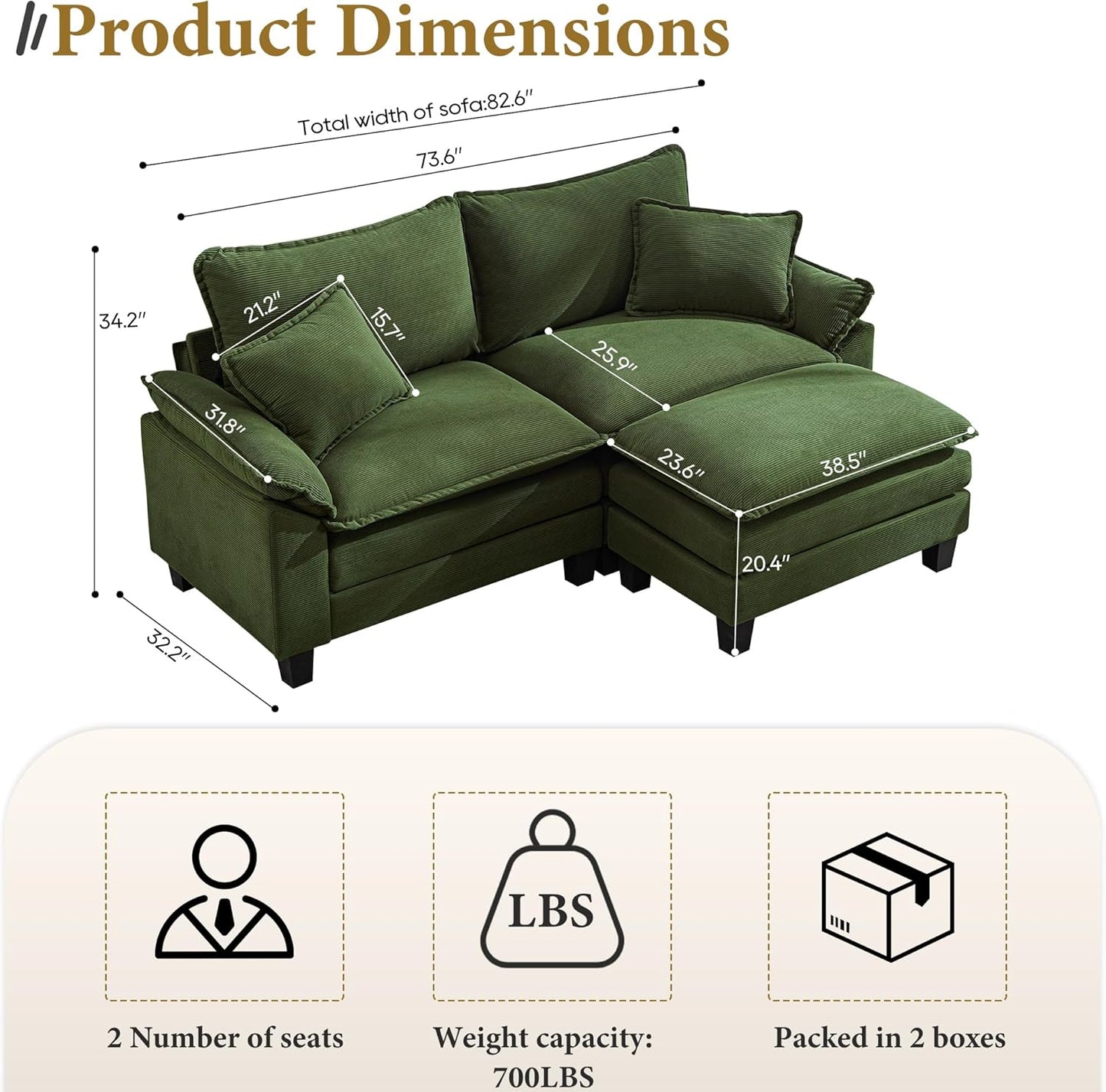 URRED Modular Sectional Sofa Comfy Cloud Couch, Modern Corduroy Sofa Sleeper Deep Seat Couches with Ottoman/Pillows for Living Room (Green, 82.6''- L Shape)