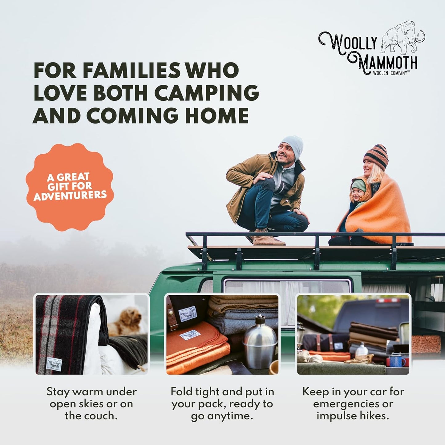 Woolly Mammoth Woolen Co. | Extra Large Merino Wool Camp Blanket | Perfect Outdoor Gear | Bedroll for Bushcraft, Camping, Trekking, Hiking, Survival, or Throw Blanket at the Cabin (Gray), 66" x 90"