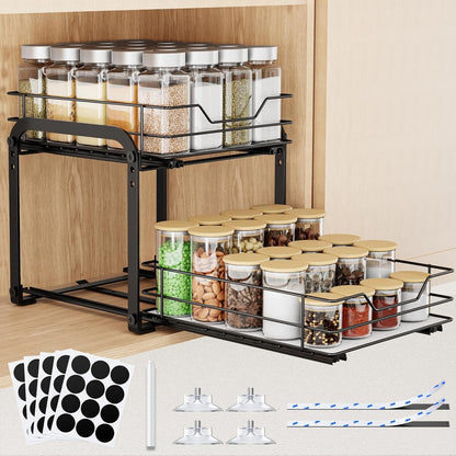 Spice Rack Organizer for Cabinet, 2 Tier Vertical Pull Out Spice Rack – Heavy Duty Metal Spice Organization for Cabinet, 40-Jar Capacity, Height Adjustable Cabinet Organizer (9"W×10.5"D×9"H, Black)