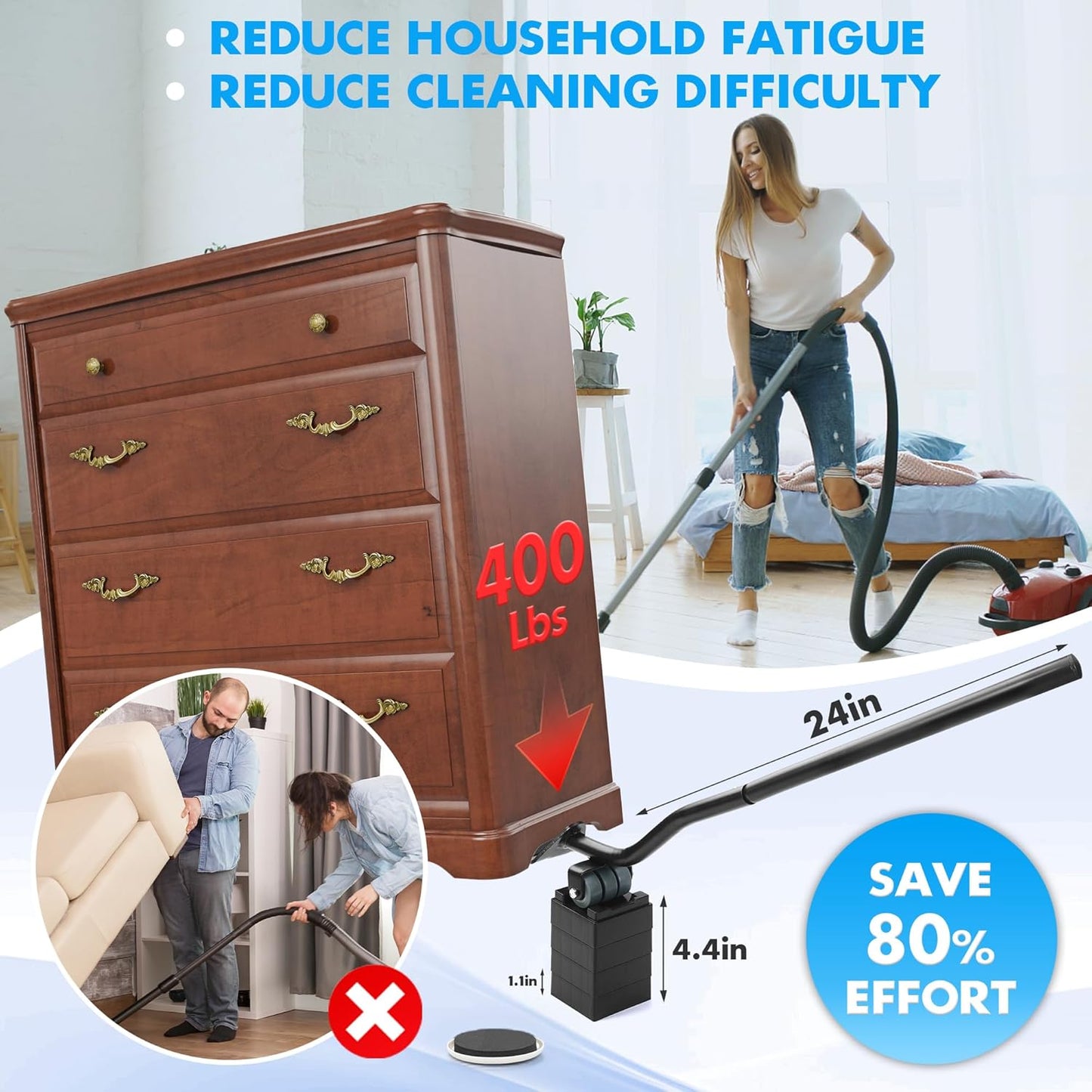 Furniture Lifter Tool + 8-Pack of 3.5" Sliders, Save 80% Effort, Safely and Easily, The Lift and Glide Tool Set for Heavy Furniture and Appliances, Reusable Moving Pads, Floor Protectors for Carpet