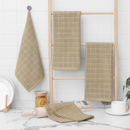 Homaxy 100% Cotton Terry Kitchen Towels(Tan, 13 x 28 inches), Checkered Designed, Soft and Super Absorbent Dish Towels, 6 Pack