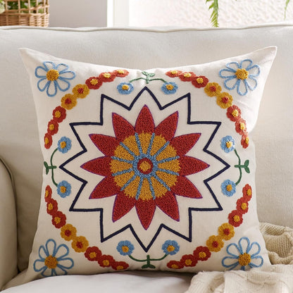 Embroidered Throw Pillow Cover 18x18 Classic Fall Boho Floral Pattern Pillows Cover Outdoor Decorative Pillowcase,Durable Cozy Textured Cushion Case for Sofa Couch Bed Living Room,Orange