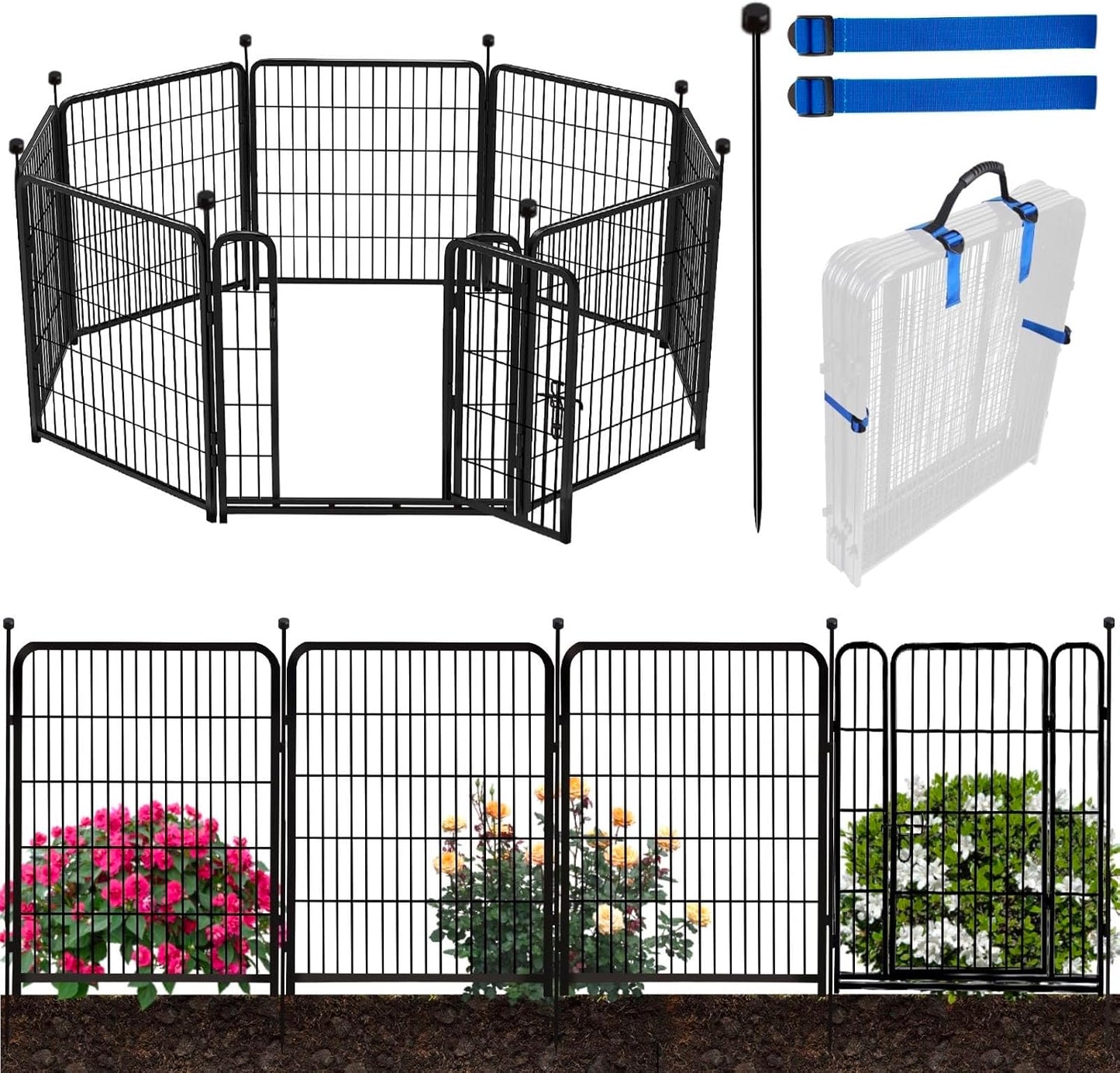 ADAVIN 48 in(H) Garden Fencing with Low Threshold Gate,10 Panels Total 22.1 Ft(L) Tall Animal Barrier Fence Borders, Outdoor Pet Barrier, Black Iron Metal Heavy Duty Dog Fencing for Yard or Camping