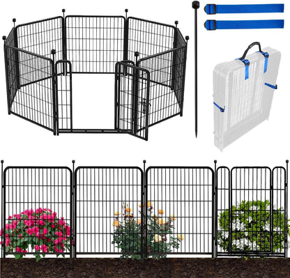 ADAVIN 48 in(H) Garden Fencing with Low Threshold Gate,10 Panels Total 22.1 Ft(L) Tall Animal Barrier Fence Borders, Outdoor Pet Barrier, Black Iron Metal Heavy Duty Dog Fencing for Yard or Camping