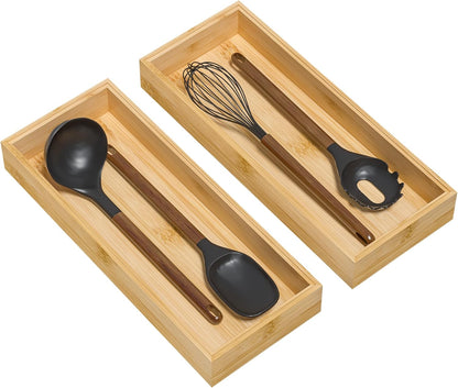 Bamboo Kitchen Drawer Organizer, Stackable Utensil Holder Silverware Organizer Cutlery Tray - 2PCS Organizer Bins for Makeup Jewelries Flatware in Bathroom, Office Desk, Cabinets, 15x6x2 inch