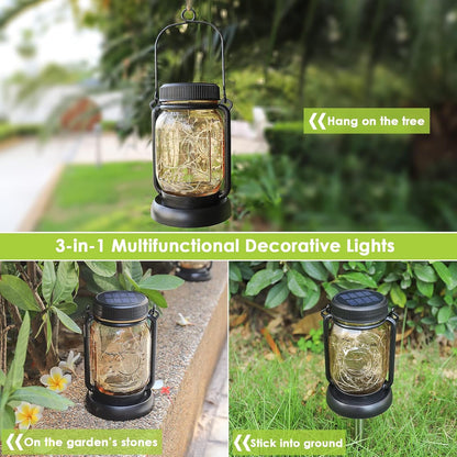 Mlambert 4 Pack Solar Hanging Lantern with Stakes, Outdoor Waterproof Solar Mason Jar Fairy String Lights Decorative Vintage Glass Lamp-Warm White