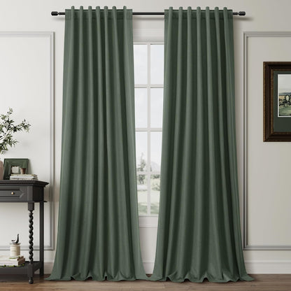 BOODII 108 Inch Black Out Curtains 2 Panels Set Back Tab Thermal Insulated Olive Green Linen Textured Blackout Curtains Noise Reducing for Farmhouse Living Room Darkening Window Drapes Loden 52x108