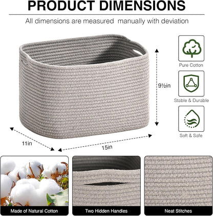 Woven Cotton Rope Storage Basket for Organizing, Cute Decorative Baskets for Gifts Empty, Organizer Bins for Dog Toy, Baby Laundry, 15“×11”×9.5“, Light Grey