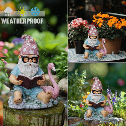 Gnome Statue Garden Decor, Resin Gnome and Flamingo Figurines Outdoor Decorations for Yard Art Porch Lawn Ornaments, Unique Housewarming Gifts