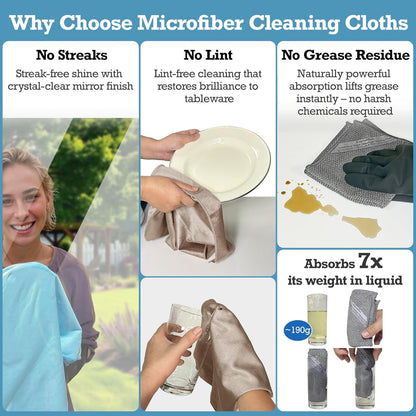 2-Step Glass Cleaning Cloth 3-Pack - Lint-Free Microfiber Towels Polish & Scrub Kit - Water Only Streak-Free for Windows, Cars, Mirrors - Blue, Brown, Gray