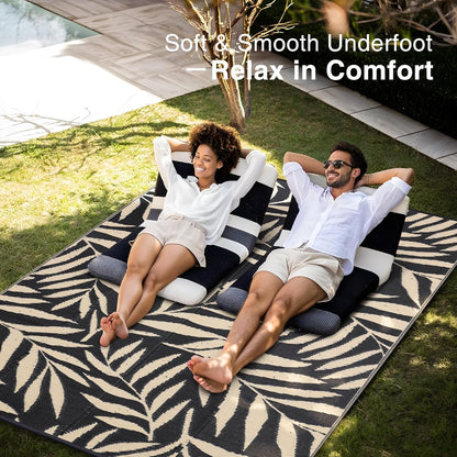 OLANLY Waterproof Outdoor Rug 9x12 ft, Reversible Outdoor Plastic Straw Rug with Leaf Pattern, RV Mat, Indoor Outdoor Carpet for Patio, Camping, Balcony, Deck, Backyard, Black & Beige