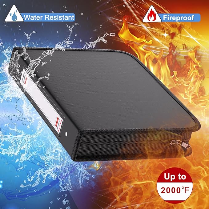 Fireproof 3 Ring Binder with Zipper, 1.5 Inch D Rings Hold up 375 Sheets of 8.5" x 11" (A4), Compatible with Clear Page Protectors, Built-in Net and Pen Holder(Black, 1 Pcs)