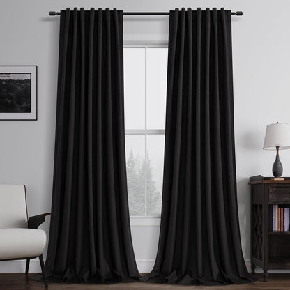 BOODII 100% Blackout Curtains 84 Inch Length 2 Panels Set Black Linen Textured Curtains Thermal Insulated Room Darkening for Bedroom Living Room Drape Sound Proof Curtain for Window Back Tab, 52x84