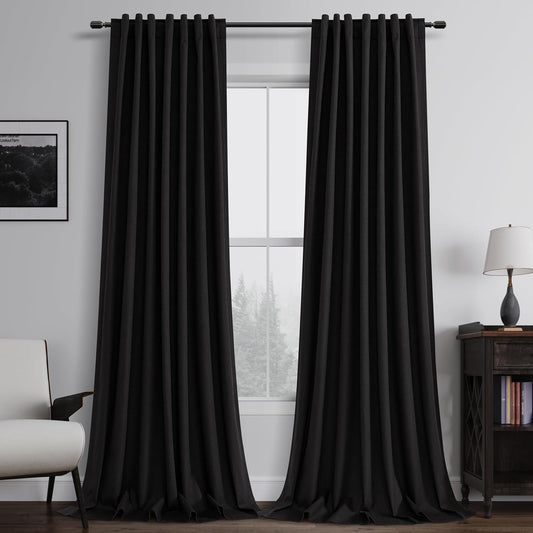 BOODII 100% Blackout Curtains 84 Inch Length 2 Panels Set Black Linen Textured Curtains Thermal Insulated Room Darkening for Bedroom Living Room Drape Sound Proof Curtain for Window Back Tab, 52x84