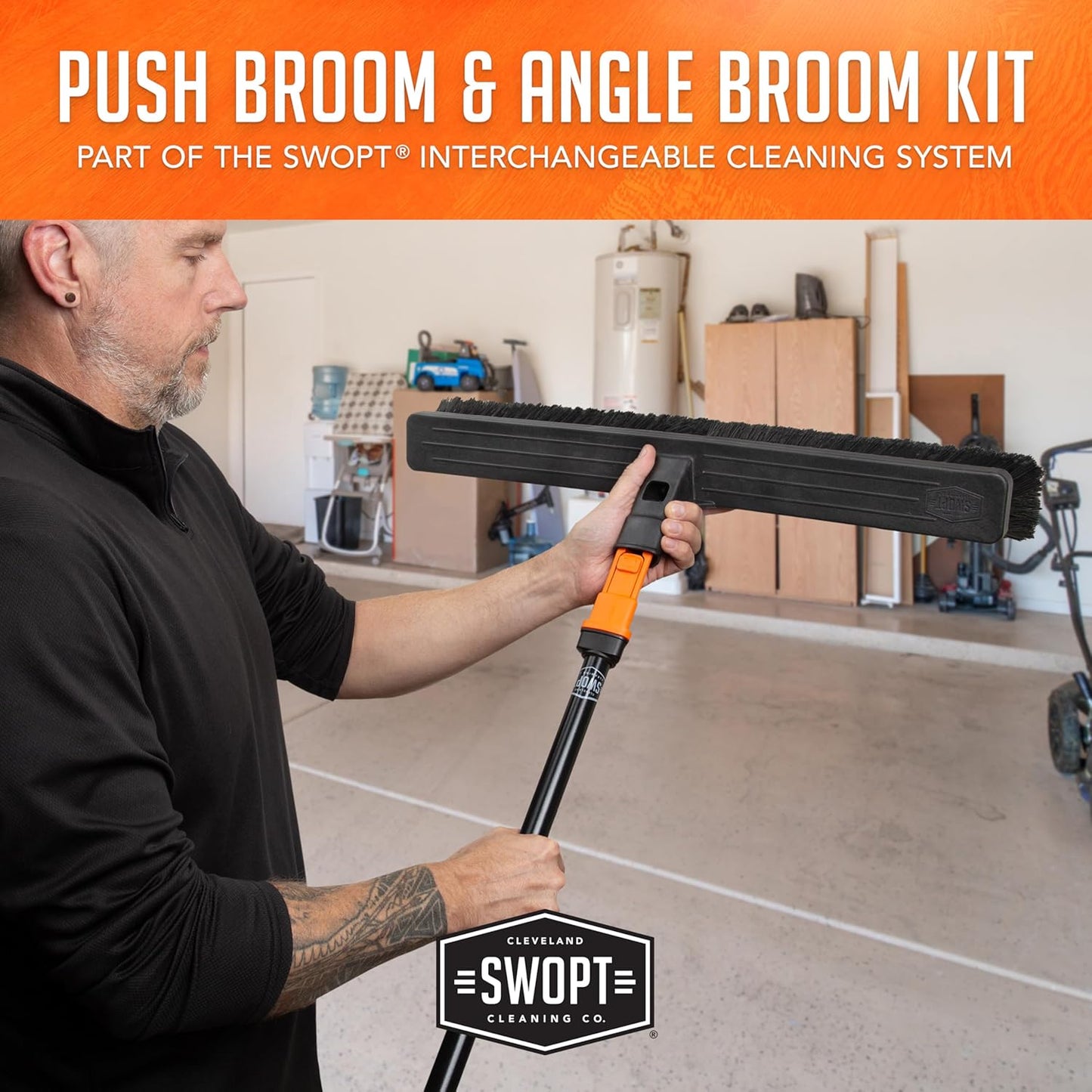 SWOPT 24” Push Broom, Angle Broom + 48” and 60" Steel Handles, Standard Combo — Cleaning Heads with Long Handles Interchangeable with All SWOPT Cleaning Products — Indoor/Outdoor, Black