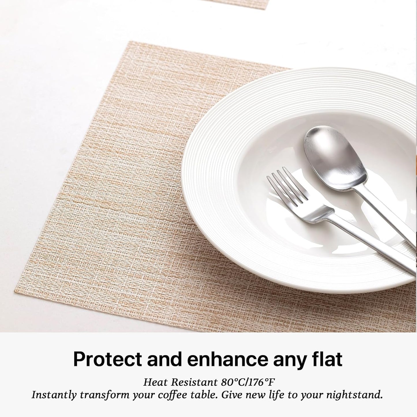 LEXMORE Placemats Set of 6 Vinyl/Plastic Woven Place Mats for Kitchen Table Indoor/Outdoor Washable Placemat Wipeable Dining Table Mats(A-Beige)