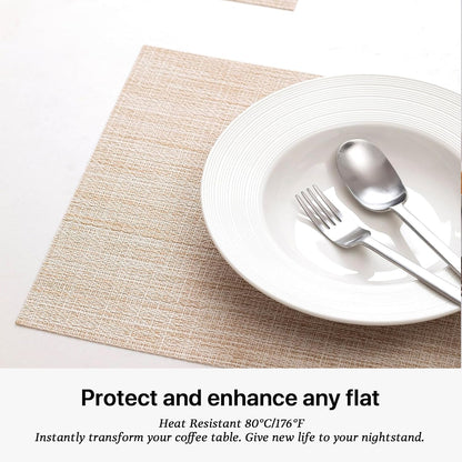LEXMORE Placemats Set of 6 Vinyl/Plastic Woven Place Mats for Kitchen Table Indoor/Outdoor Washable Placemat Wipeable Dining Table Mats(A-Beige)