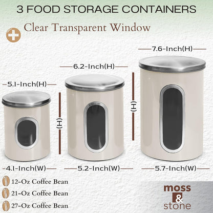 Moss & Stone 3-Piece Beige Canisters Sets For The Kitchen, Airtight Canister Set With See Through Window, Storage Jars for Coffee Container, Tea Organizer & Sugar Canister, Beige Kitchen Canisters