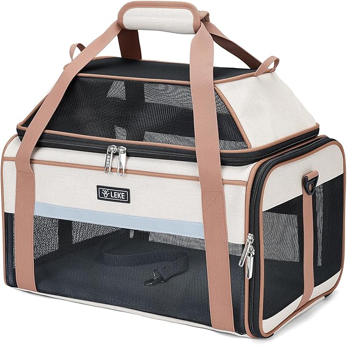 Lekereise Top-Expandable Pet Carrier 17x11x9.5 Inch Alaska Hawaiian Airline Approved Soft Sided Underseat to 12lbs Travel Carriers for Small Cats and Dogs with Locking Safety Zippers Anti-Scratch Mesh
