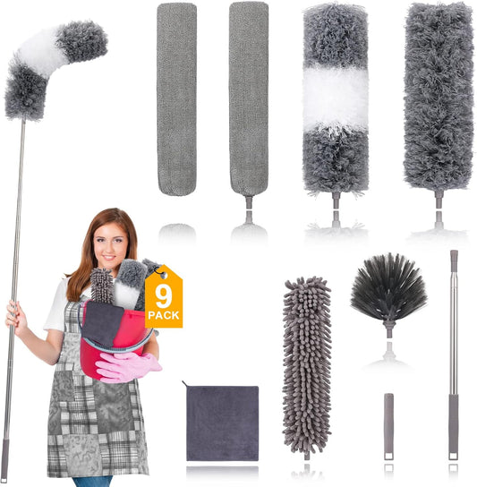 Microfiber Duster for Cleaning Fan, High Ceiling, Blinds, Furniture, Cars , 9PCS Extendable Feather Duster (Stainless Steel) 30 to 100 Inches, Reusable Bendable Washable