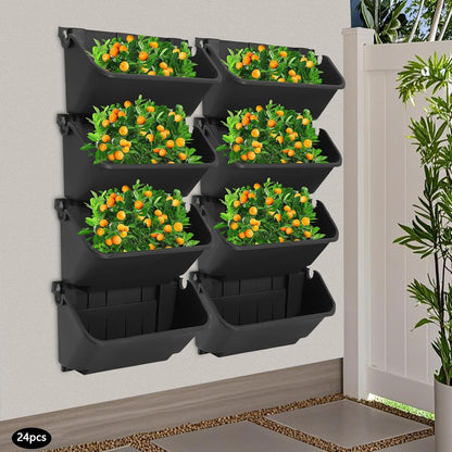 24PCS Vertical Wall Planter, 13 inch Wall Mounted Garden Planters, Plastic Wall Hanging Planter with Drainage Holes, Wall Planters for Patio Outdoor Decor, Balcony Plant Hanging Flowerpot (Black)