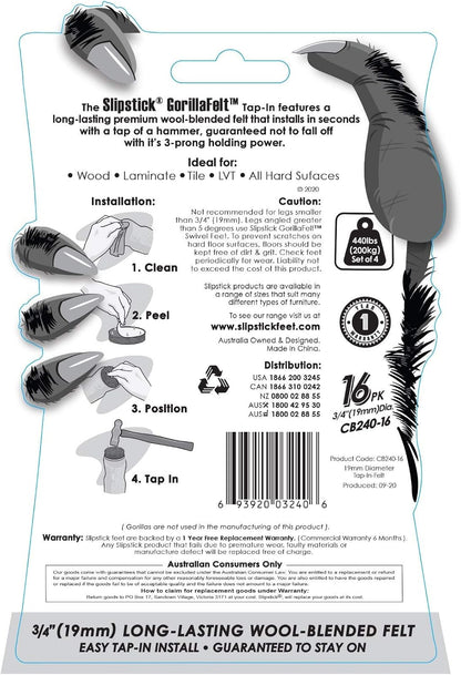 Slipstick GorillaFelt 3/4 Inch Chair Leg Floor Protectors/Felt Glides (Set of 16) Tap On Felt Furniture Pads Guaranteed to Stay On, Round Sliders, CB240-16