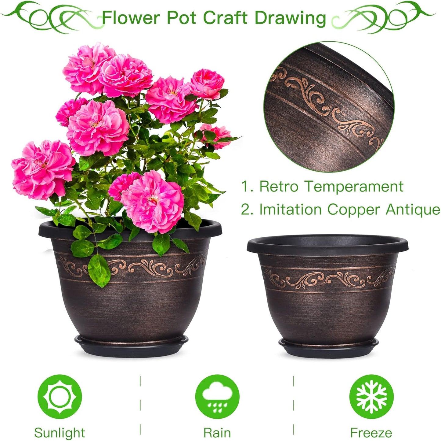 Plastic-Plant-Flower-Planters-14 Inch with Drainage Hole & Saucer, 3 Packs Lightweight Large Resin Flower Pot Indoor Outdoor, Retro Antique Imitation Decorative Garden Containers Sets for Houseplants