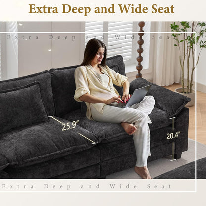 URRED Modular Sectional Sofa Comfy Cloud Couch, Modern Chenille Sofa Sleeper Deep Seat Couches with Ottoman/Pillows for Living Room (Black, 82.6'')