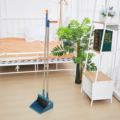 Suclain 4 Set 8 Pcs Broom and Dustpan Set 47 Inch Long Handle Brooms for Sweeping Indoor Household Dustpans for Indoor Outdoor Kitchen Floor(Blue)